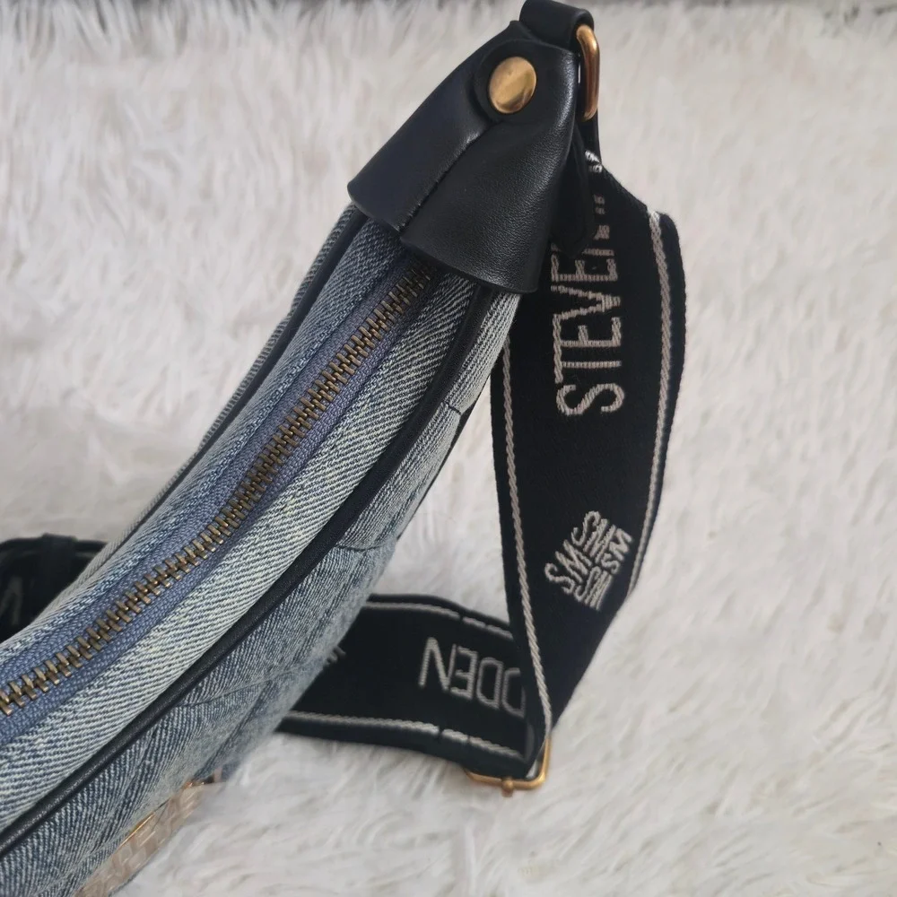 Steve Madden Blue Quilted Denim Crescent Shoulder Bag With Coin Purse Logo Strap